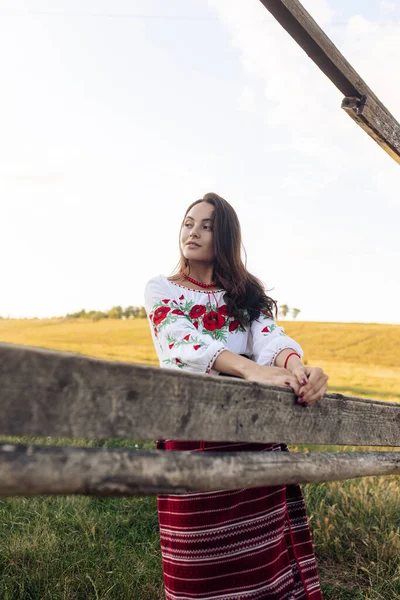 Young Ukrainian Woman Stands Traditional National Embroidered Shirt Skirt Wooden — Stock Fotó