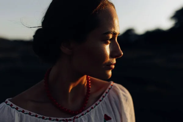 Portrait Young Ukrainian Sunlit Woman Traditional National Embroidered Shirt Necklace — ストック写真