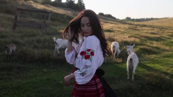 Young Ukrainian Woman Stands Corrects Her Hair Traditional National Embroidered — Stockvideo