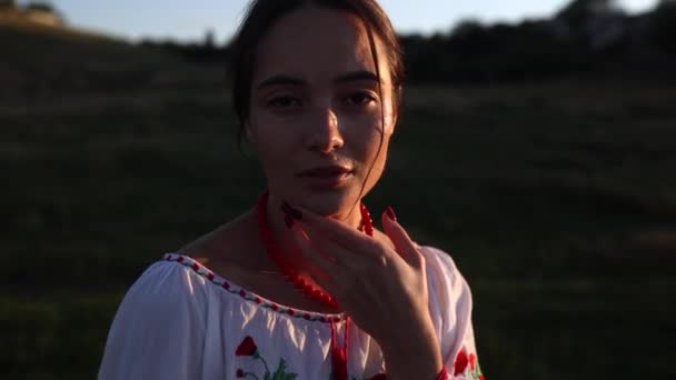 Portrait Young Ukrainian Sunlit Woman Traditional National Embroidered Shirt Necklace — Vídeo de stock