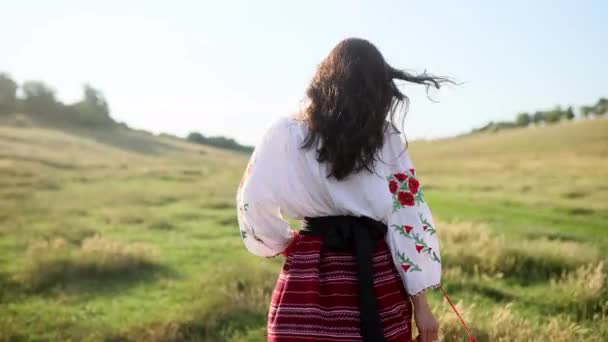 Ukrainian Woman Walks Meadow Looks Back Traditional National Embroidered Shirt — Stock video