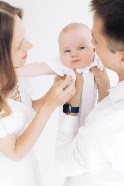 Young Happy Parents Have Fun Play Baby Boy White Background — Stock Photo, Image