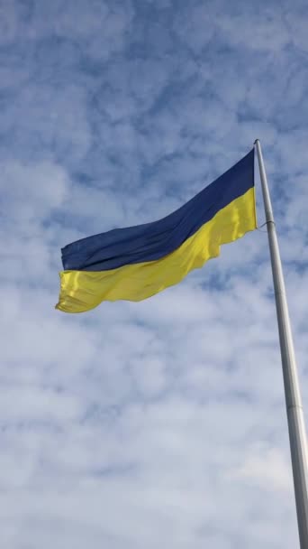 Yellow Blue Ukrainian Flag Flagpole Flutters Wind Sky Clouds Background — Stock Video