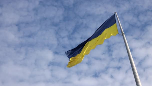 Sárga Kék Ukrán Zászló Zászlórúd Csapkodik Szél Ellen Felhők Háttér — Stock videók