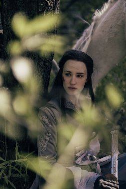 Antik atlı savaşçının suretindeki genç kadın ormanda elinde kılıçla beyaz atın yanında oturuyor ve dinleniyor. Yakın çekim..