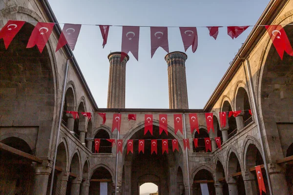 Cifte Minareli Double Minaret Old School Turkish Flags Erzurum Turkey — Stock Photo, Image