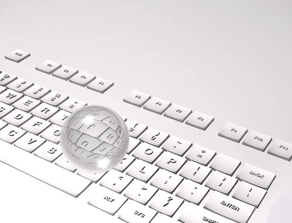 Clavier 3D sur fond blanc et recherche de sphère de verre — Photo