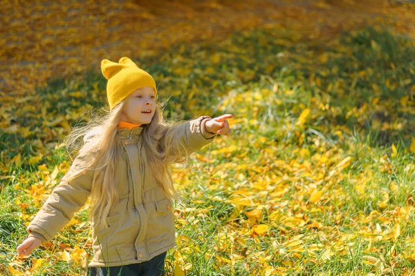 Interessiert sich das Kind dafür, vor dem Hintergrund einer herbstlichen Landschaft den Finger zu zeigen. eine kleine Blondine mit langen Haaren sitzt auf dem Gras mit gelben Blättern und zeigt ihren Finger mit einem Lächeln — Stockfoto