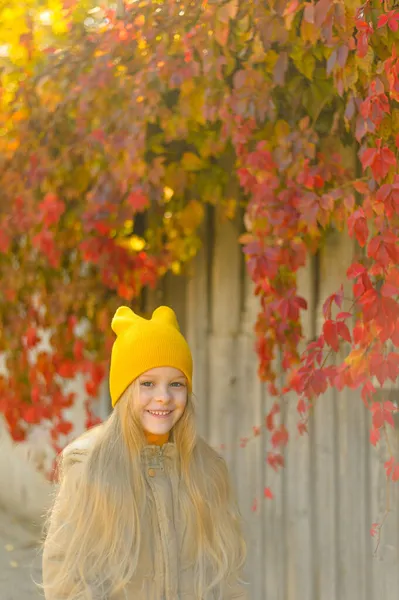 Verticaal portret van een lachend mooi blond meisje met lang golvend haar in een gele hoed tegen een achtergrond van kleurrijke wijnbladeren — Stockfoto