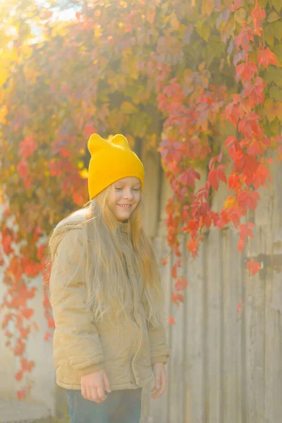 Verticaal portret van een klein meisje verlegen lachend op een achtergrond van rode druivenbladeren in de herfst — Stockfoto