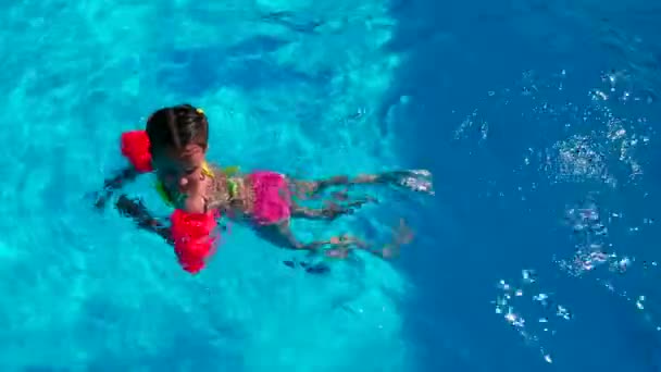 Adorable happy little girl in the swimming pool outside — Stock Video
