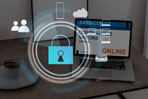 Digital cybersecurity and network protection concept. Virtual locking mechanism to access shared resources. Interactive virtual control screen with padlock. laptop on background — Stock Photo, Image