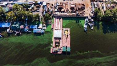 Eski çöplerle dolu kirli yeşil nehir