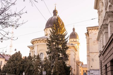 Lviv, Ukrayna 'nın eski kasabası Rynok pazar meydanı, Lvov' da kışın Noel zamanı..