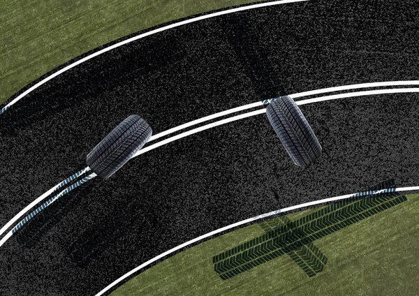 危険な曲げ。暗いアスファルト上のタイヤホイールの痕跡と抽象的な道路の背景。アスファルトのブレーキの痕跡。アスファルトの道路上のドリフトの痕跡。車でドリフト — ストック写真