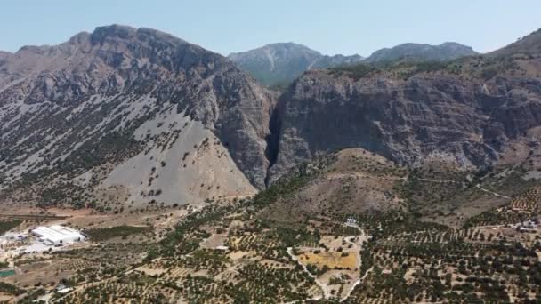 Aerial Nature Pejzaż grecki z górą, drzewami oliwnymi i domami na Krecie. Wakacje i Turystyka Destination w lecie. — Wideo stockowe