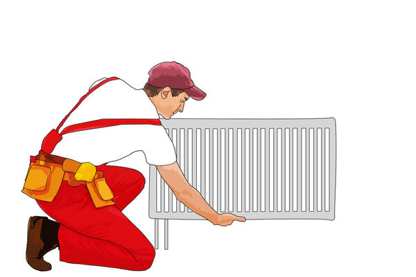 Plumbers Service, Heating Pipes Replacement. Worker Character with Spanner and Level Tools Repairing, Installing House Heating Pipeline Tubes. Water Heating, Pipe Plumbing Illustration