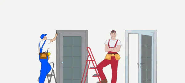 Αρχική Επισκευή Master Male Χαρακτήρας Set Up Νέα Πόρτα στο Διαμέρισμα. Κατασκευαστική Υπηρεσία. Μηχανικός στο Working Robe με Εργαλεία Εξοπλισμού. Επισκευαστής ξυλουργών, Οικοδόμοι. Γραμμική απεικόνιση — Φωτογραφία Αρχείου