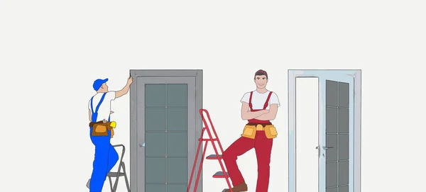 Startseite Repair Master Male Character Set Up Neue Tür in der Wohnung. Baudienst. Ingenieur im Arbeitsmantel mit Werkzeugen. Schreiner, Handwerker, Bauarbeiter. Lineare Illustration — Stockfoto