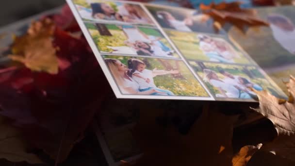 Feuilles jaunes d'automne et photobook de famille. feuilles d'automne disposées pour un fond de livre photo — Video