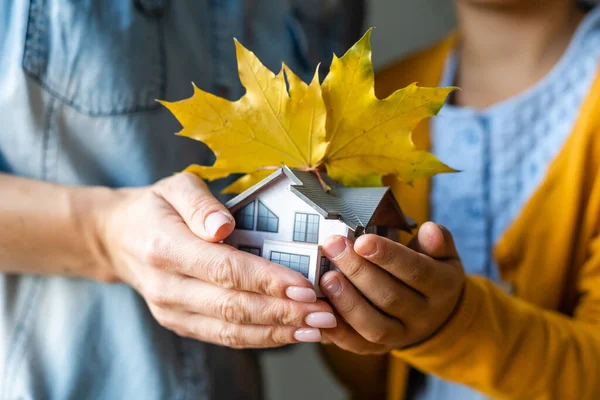 Casa em miniatura no fundo folhas de outono. Conceito de casa protetora ou isolante. — Fotografia de Stock