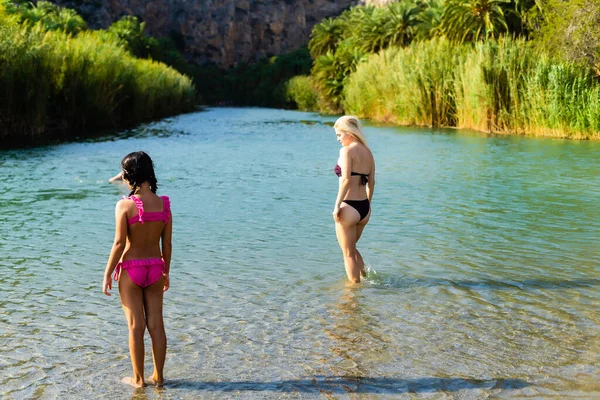 Palmer nära gröna floden i Preveli, Kreta, Grekland — Stockfoto