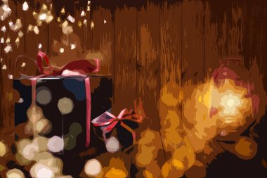 Hediyeli Noel arkaplanı. Fiyonklu Xmas kutuları ve mesajlar için yer. Görüntü.