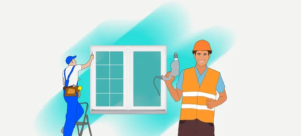 Plastic windows install and repair service. Installer worker in uniform with tools holding a new glass frame. Master installing and fixing windows in apartment. — Stock Photo, Image