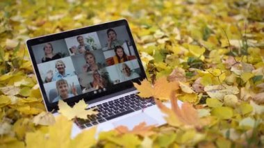 Sonbahar manzarasında modern dizüstü bilgisayar. video konferansı