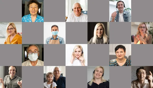 Personas que usan una máscara y tienen una videoconferencia con el equipo de trabajo en medio de la pandemia de COVID-19. — Foto de Stock