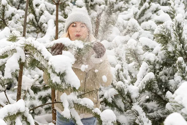 Junge lachende fröhliche Kaukasierin und Kiefernzweige im Winterwald. Positive Emotionen, Wandern bei verschneitem Wetter — Stockfoto
