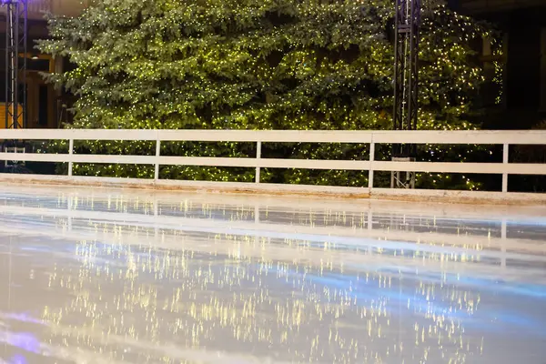 Patinoire et sapin de Noël. Amusement extérieur de neige pour enfant. Sports d'hiver. — Photo