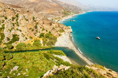 Yunanistan 'ın Girit adasındaki Preveli kentinde yeşil nehre yakın palmiyeler