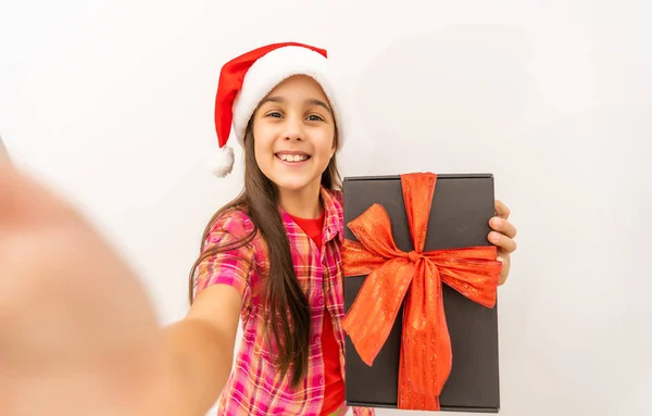 Photo of pretty charming girl hold newyear stocking x-mas present isolated white background — Stock Photo, Image