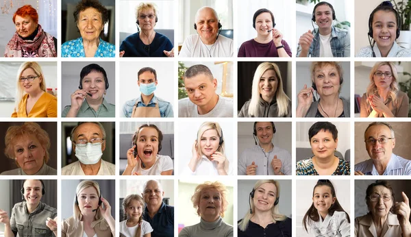 Headshot skärm ansökan visa leende multiracial anställda prata tala på videosamtal brainstorm tillsammans, multietniska medarbetare engagerade i team diskussion online med hjälp av webbkonferens — Stockfoto
