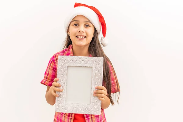 Child holding blank frame, isolated on white — Stock Photo, Image
