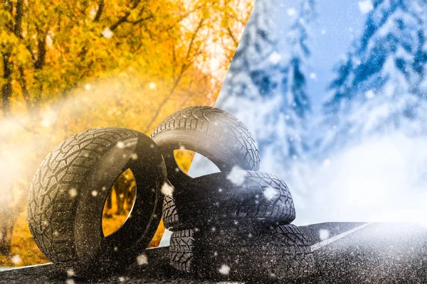 Gumiabroncsok átmenete ősszel és télen — Stock Fotó