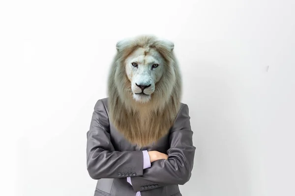 Man med huvudet av lejon på vit bakgrund. — Stockfoto