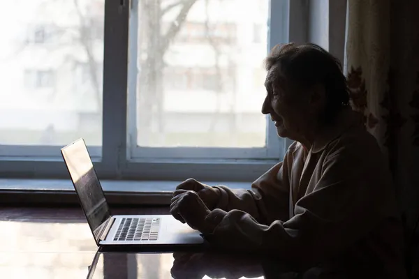 Щаслива старша жінка сидить зі своєю внучкою і дивиться на ноутбук. Доросла жінка розмовляє з веб-камерою, спілкується вдома під час самоізоляції. Сімейне життя під час Корони — стокове фото