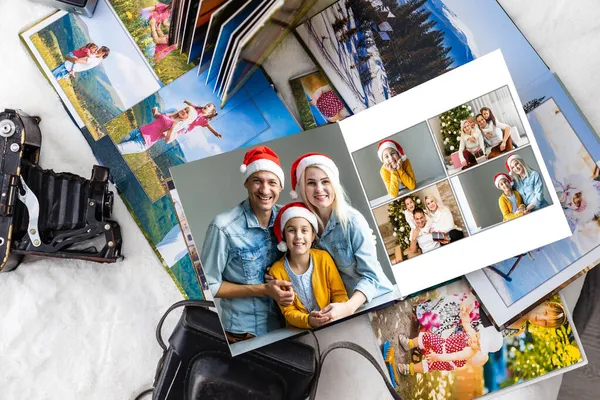 Fotocollage de nueve imágenes con concepto de invierno. Temporada de vacaciones. libro de fotos abierto con fotos de Navidad — Foto de Stock