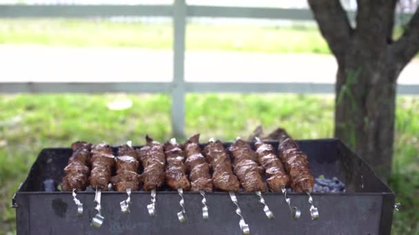 Le mani di un uomo ruotano gli spiedini. Shish kebab. Pezzi di carne di maiale o di agnello che vengono fritti su una griglia di carbone. Friggere pezzi di carne alla griglia durante il resto — Video Stock