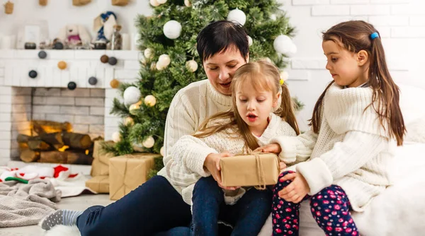 Glückliche junge Familie hält Weihnachtsgeschenk und lächelt — Stockfoto