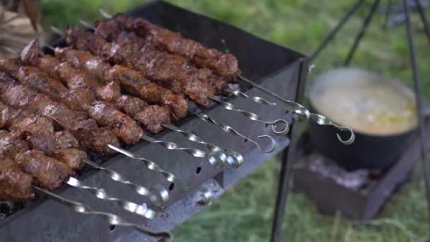 Egy férfi keze forgatja a nyársakat. Shish kebab. Sertés- vagy bárányhúsdarabokat sütnek egy faszén grillen. Grillezett húsdarabok sütése a többi alatt — Stock videók