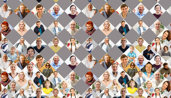 Mixed age range face screen group of people power look at camera enjoy laugh talk at home office.