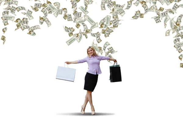 Vacker kvinna kasta dollarsedlar, isolerad på vit bakgrund — Stockfoto