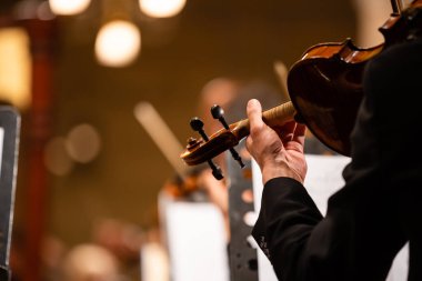 Senfoni Orkestrası sahne, eller iskambil keman