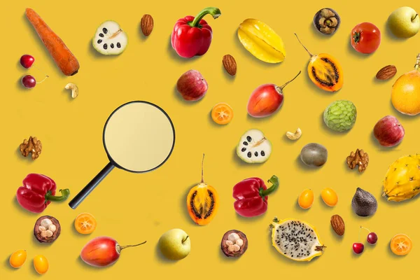 Fresh fruits, vegetables and magnifying glass on white table against yellow background. Food poisoning concept — Stock Photo, Image
