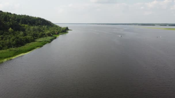 Drohne fliegt bei Sonnenuntergang mit einem schnell fahrenden Schnellboot über einen Fluss. Luftaufnahme des Motorbootfahrens auf dem See. Blick von oben auf schöne Sommerlandschaft mit Fluss und Boot. — Stockvideo