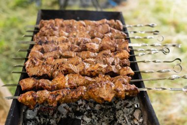 lezzetli Barbekü kebap ızgara açık ızgara, açık mutfak. Şehirde yemek Festivali. lezzetli yemekler şiş üzerinde kavurma yiyecek-mahkeme. Yaz pikniği