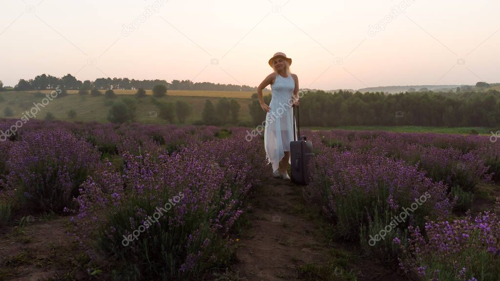 drone video of free and happy young woman run in pink and purple lavender fields at sunset